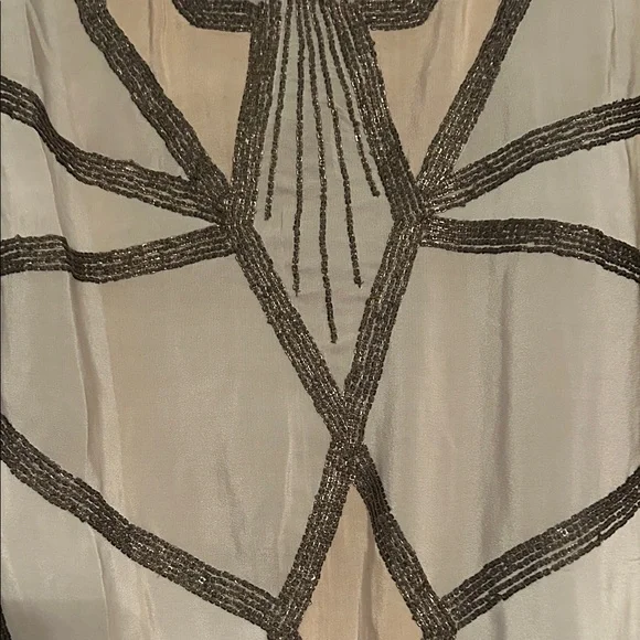 Kimchi Blue 100% Silk Tan Mini Dress with Brown Beaded Geometric Design - Picture 3 of 5